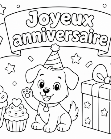 Coloriage Joyeux Anniversaire Facile Maternelle - Dessin Chien avec Cadeaux et Ballons à Imprimer Gratuit
