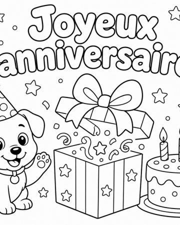 Coloriage Joyeux Anniversaire Facile Maternelle - Dessin Chien et Gâteau à Imprimer Gratuit