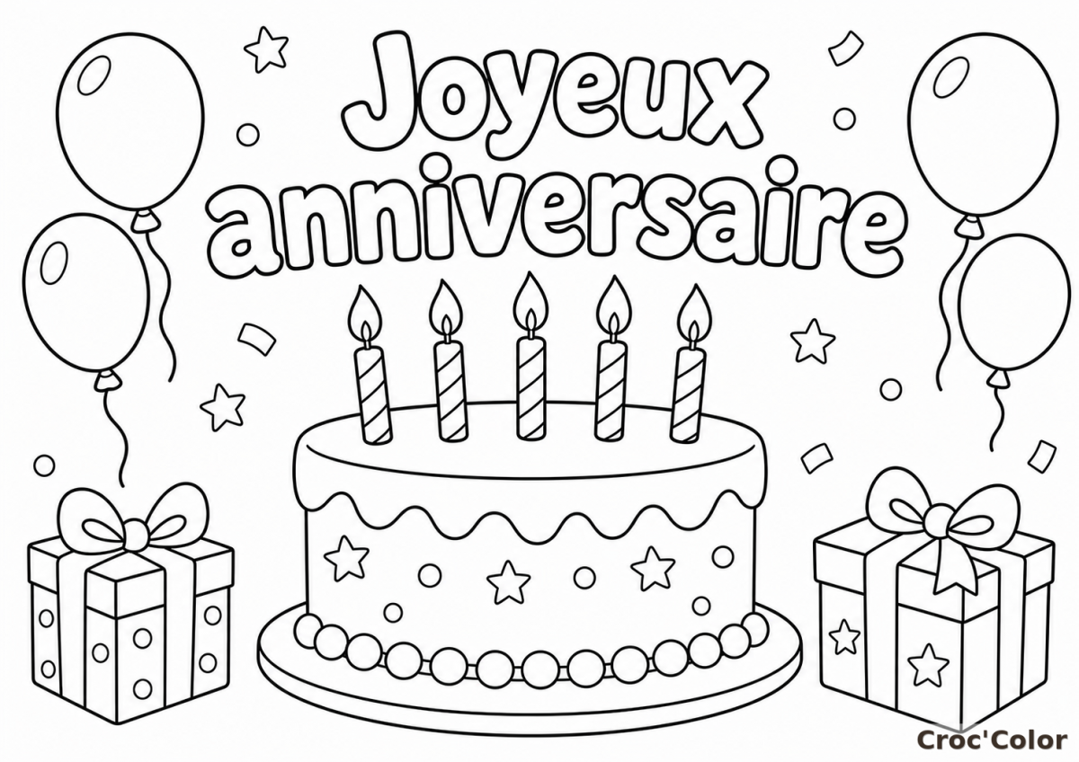 Coloriage Joyeux Anniversaire avec Gâteau et Cadeaux - Dessin à Imprimer Gratuit