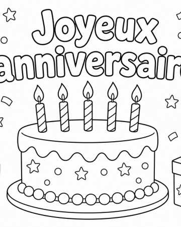 Coloriage Joyeux Anniversaire avec Gâteau et Cadeaux - Dessin à Imprimer Gratuit