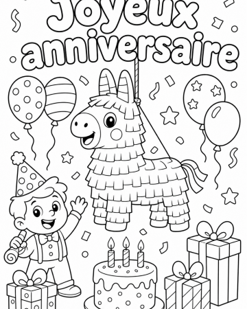 Coloriage Joyeux Anniversaire avec Piñata et Cadeaux - Dessin de Fête à Imprimer