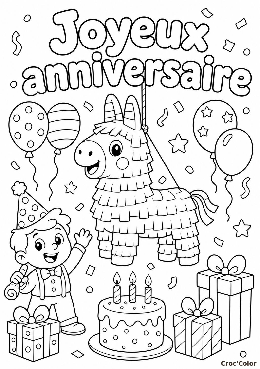 Coloriage Joyeux Anniversaire avec Piñata et Cadeaux - Dessin de Fête à Imprimer