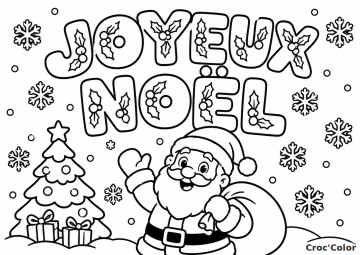 Coloriage Joyeux Noël Facile – Dessin Père Noël, Sapin Décoré, Cadeaux et Flocons de Neige à Imprimer Gratuit