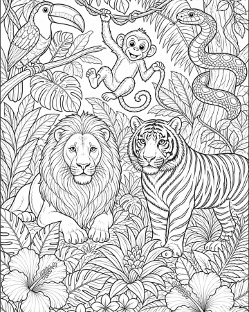 Coloriage jungle détaillée - Animaux sauvages et feuillage à imprimer