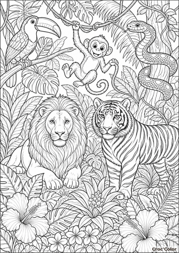 Coloriage jungle détaillée - Animaux sauvages et feuillage à imprimer
