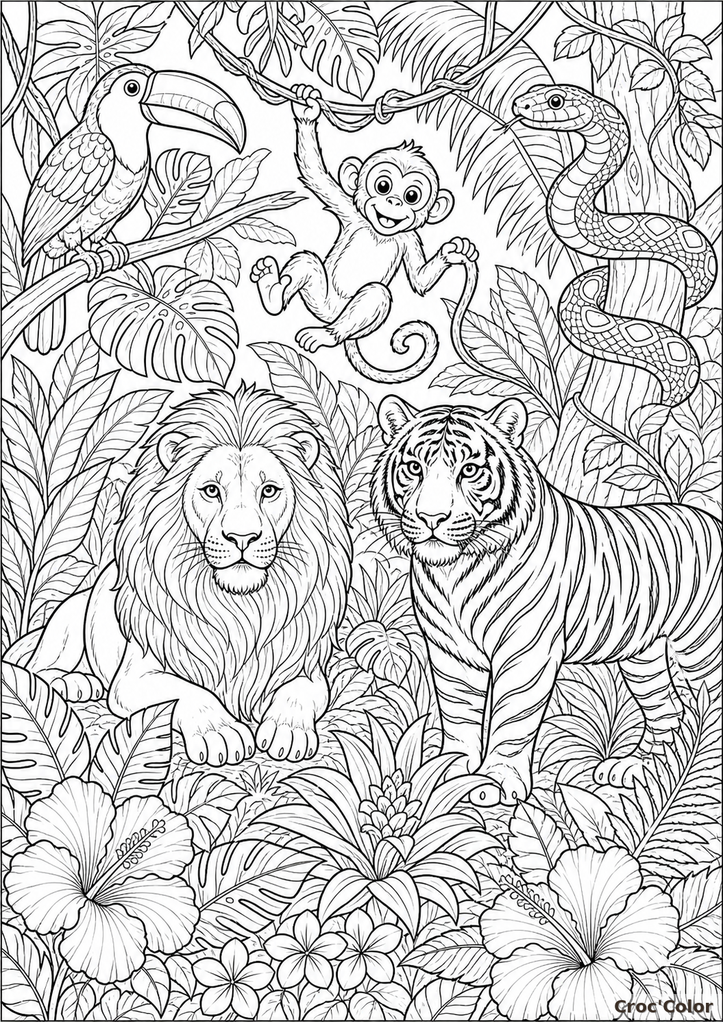 Coloriage jungle détaillée - Animaux sauvages et feuillage à imprimer