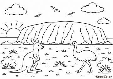 Coloriage Kangourou et Émeu devant Uluru - Dessin Animaux Australie, Mont Uluru et Soleil à Imprimer Gratuit