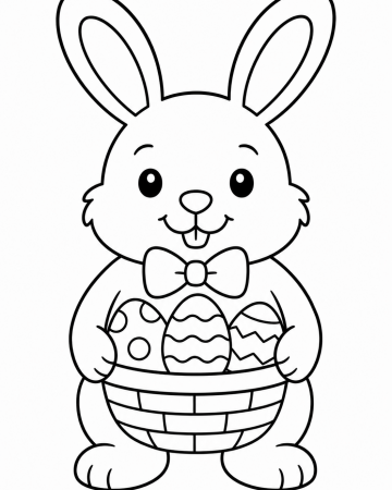 Coloriage Lapin de Pâques Facile - Dessin Lapin Mignon avec Panier d'Œufs à Imprimer