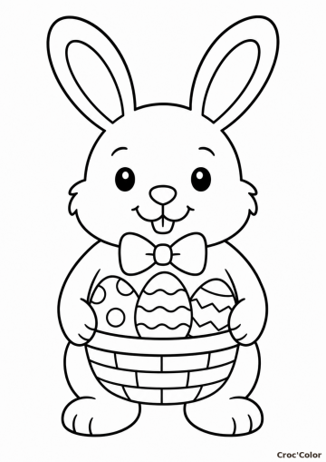 Coloriage Lapin de Pâques Facile - Dessin Lapin Mignon avec Panier d'Œufs à Imprimer