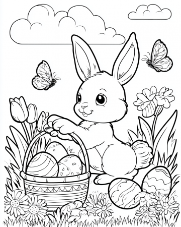 Coloriage Lapin de Pâques Facile - Dessin Panier et Œufs de Pâques à Imprimer Gratuit