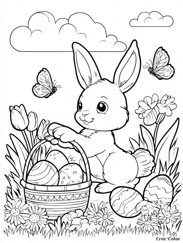Coloriage Lapin de Pâques Facile - Dessin Panier et Œufs de Pâques à Imprimer Gratuit