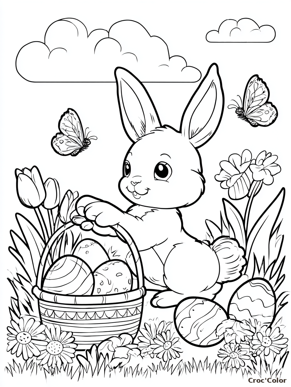 Coloriage Lapin de Pâques Facile - Dessin Panier et Œufs de Pâques à Imprimer Gratuit