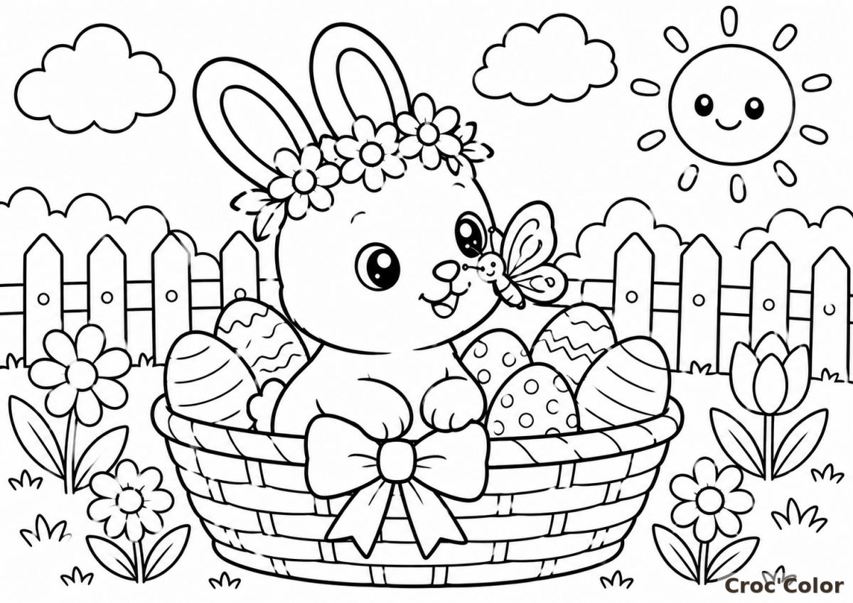 Coloriage Lapin de Pâques dans son Panier - Dessin Lapereau Couronne de Fleurs, Œufs Décorés et Papillon à Imprimer Gratuit