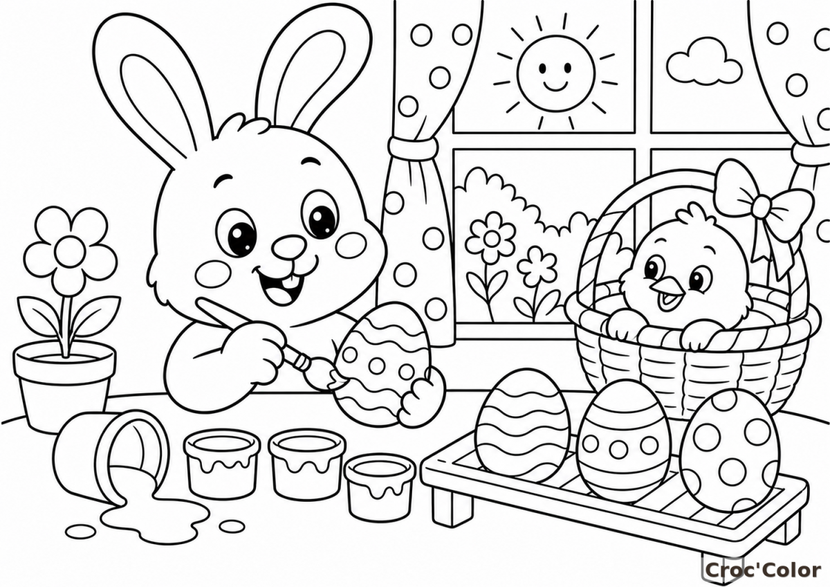 Coloriage Lapin de Pâques Peint des Œufs - Dessin Poussin dans son Panier et Peinture à Imprimer Gratuit