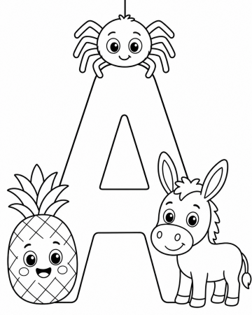 Coloriage Lettre A comme Âne et Ananas - Abécédaire Facile à Imprimer