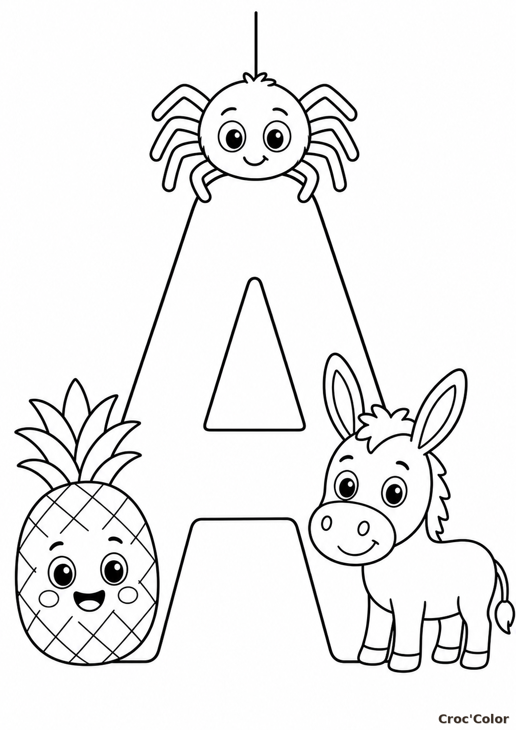 Coloriage Lettre A comme Âne et Ananas - Abécédaire Facile à Imprimer