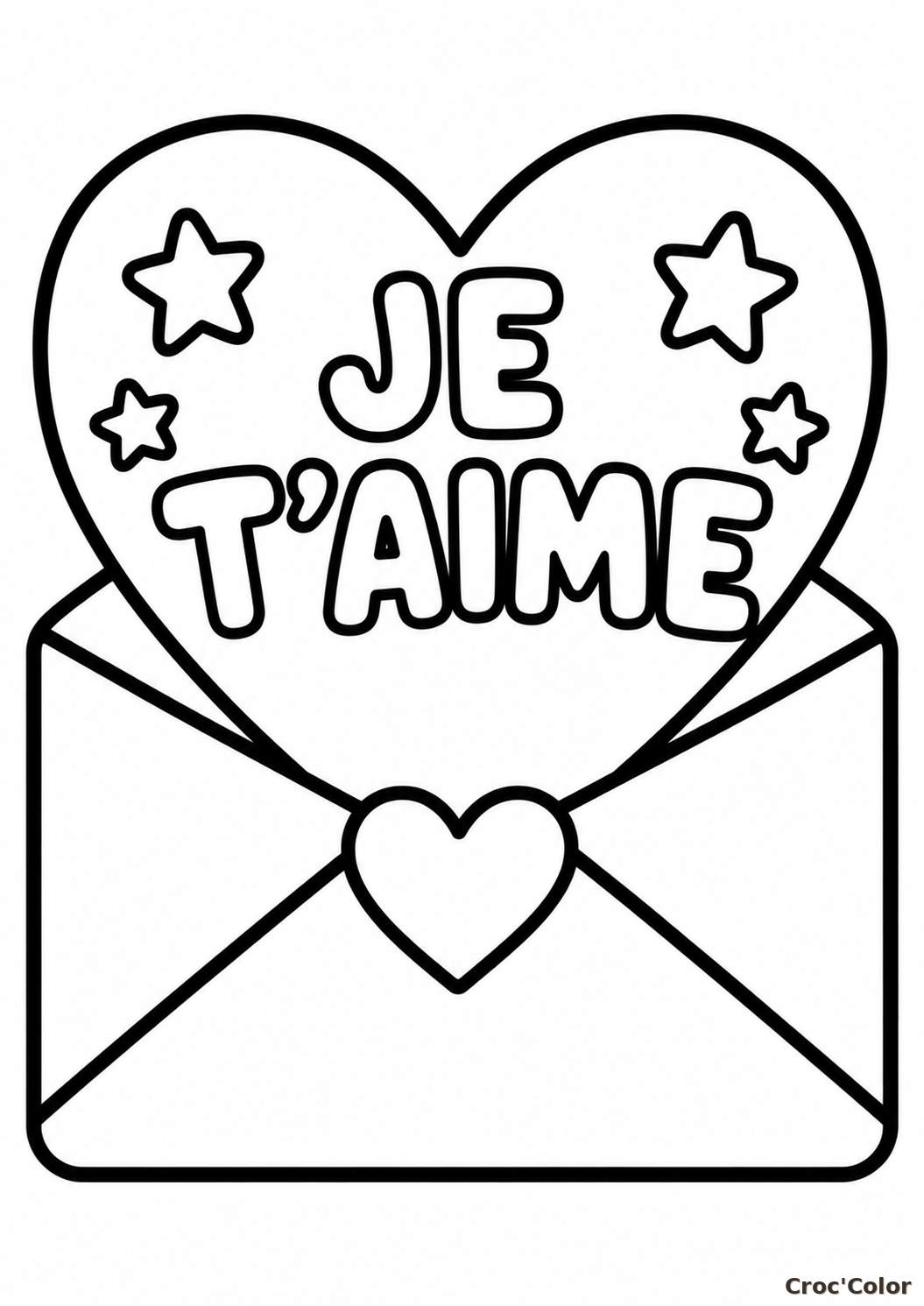Coloriage Lettre d'Amour Je T'aime Facile Maternelle - Dessin Enveloppe, Cœur Géant et Étoiles à Imprimer Gratuit