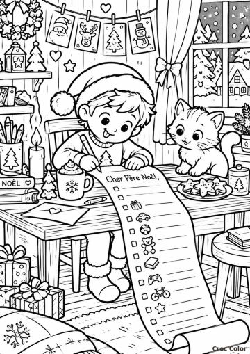 Coloriage Lettre au Père Noël Moyen - Dessin Enfant, Chat Mignon, Liste de Jouets, Biscuits et Décor de Noël à Imprimer Gratuit