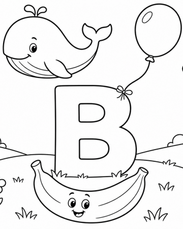 Coloriage Lettre B comme Baleine et Ballon - Abécédaire Facile à Imprimer