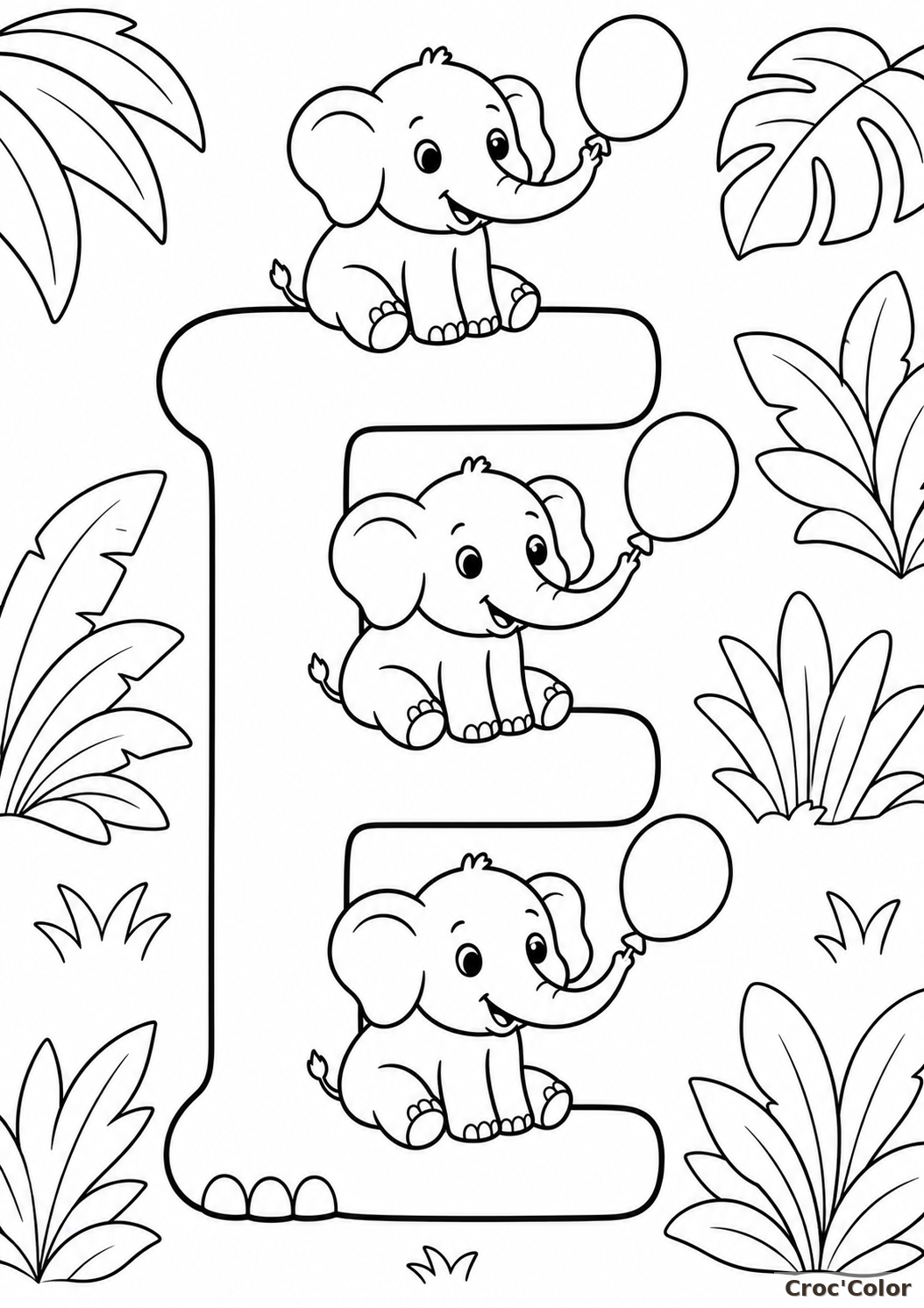 Coloriage Lettre E comme Éléphant Facile - Dessin Abécédaire Maternelle à Imprimer