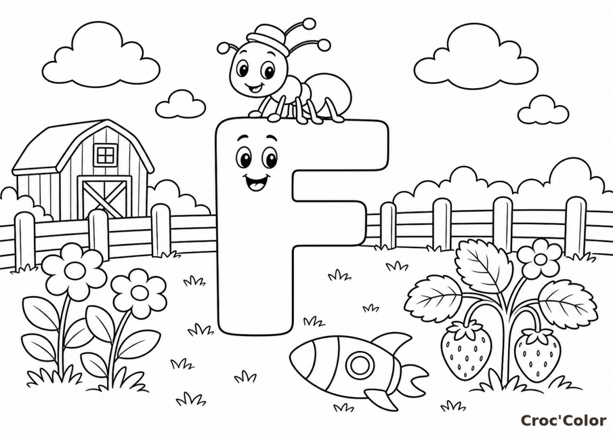 Coloriage Lettre F comme Fourmi et Ferme - Abécédaire Maternelle à Imprimer