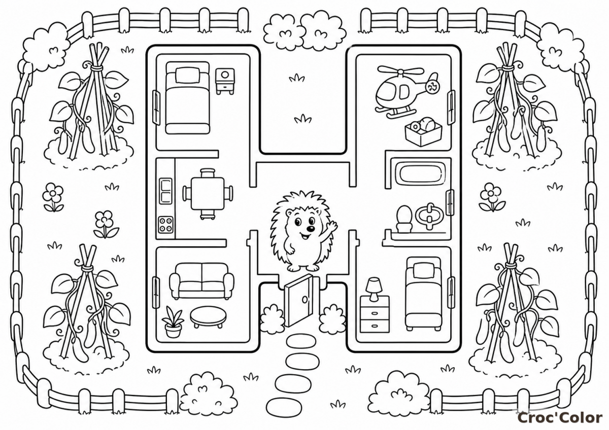 Coloriage Lettre H comme Hérisson et Habitation - Abécédaire Maternelle à Imprimer