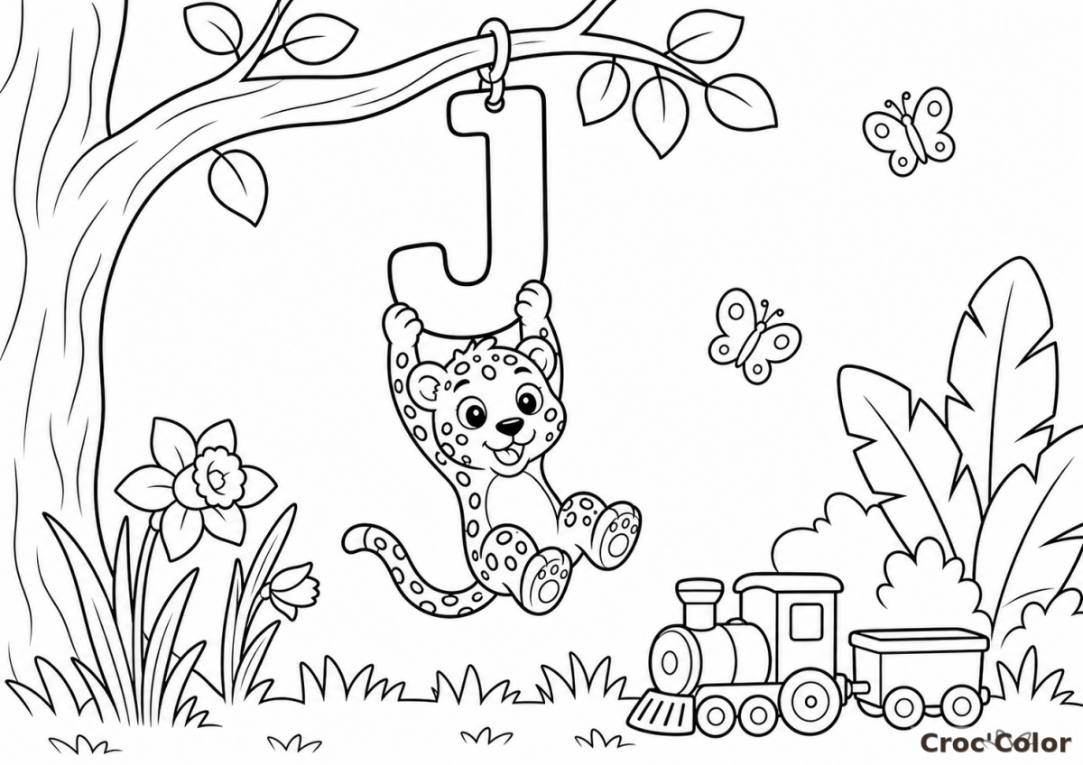 Coloriage Lettre J comme Jaguar et Jardin - Abécédaire Maternelle à Imprimer