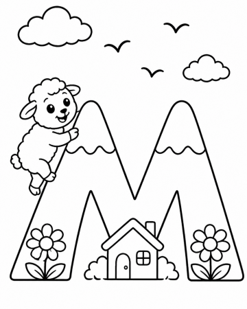 Coloriage Lettre M comme Mouton et Montagne - Abécédaire Maternelle à Imprimer