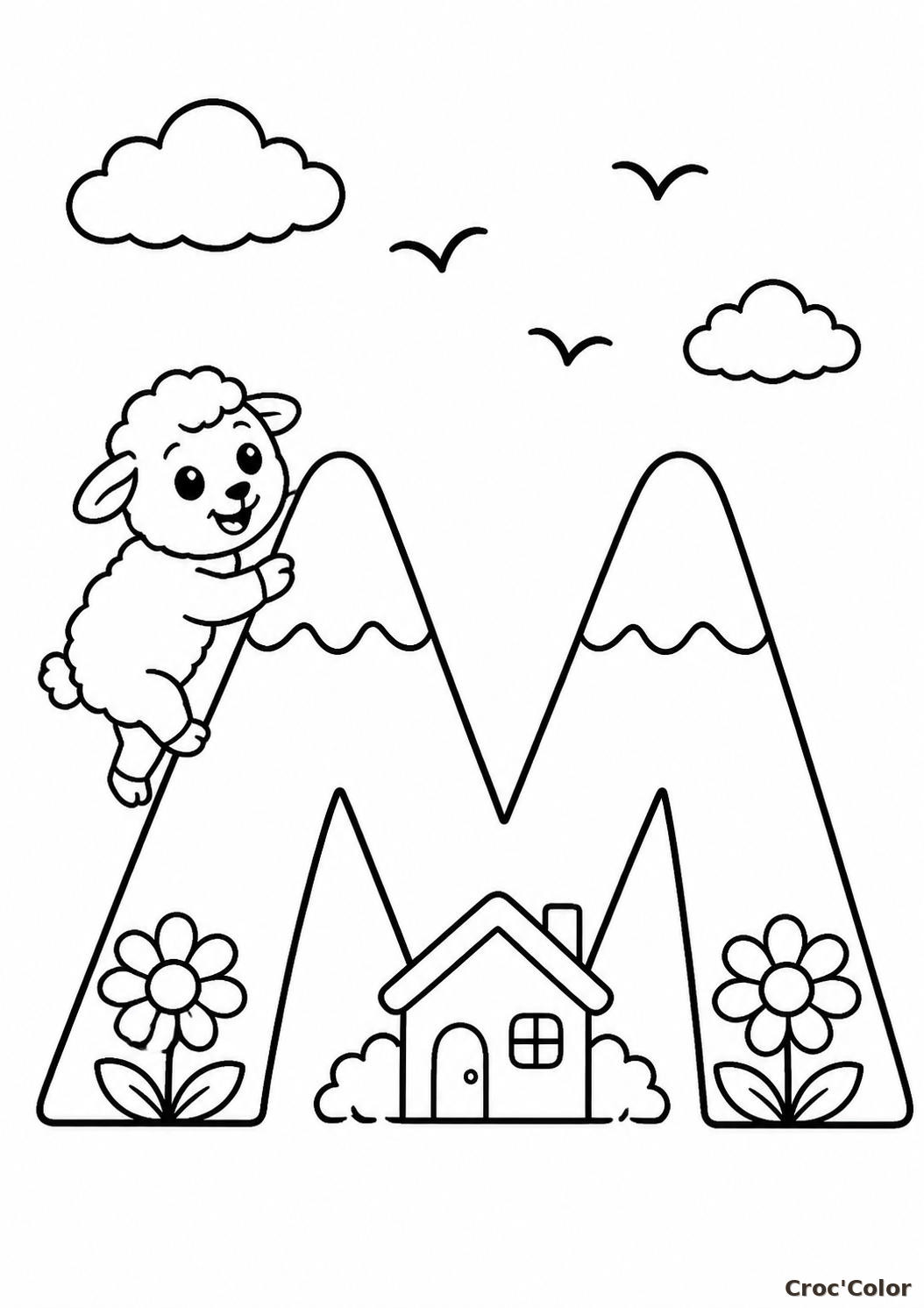 Coloriage Lettre M comme Mouton et Montagne - Abécédaire Maternelle à Imprimer