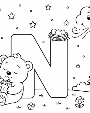 Coloriage Lettre N comme Nuit et Nid - Abécédaire Maternelle à Imprimer