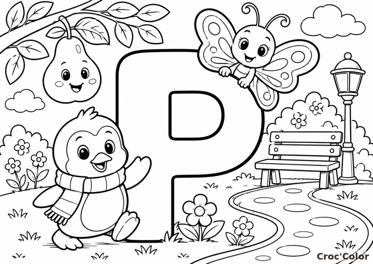 Coloriage Lettre P comme Pingouin et Papillon - Abécédaire Maternelle à Imprimer