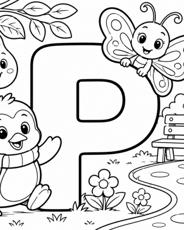 Coloriage Lettre P comme Pingouin et Papillon - Abécédaire Maternelle à Imprimer
