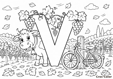 Coloriage Lettre V Abécédaire - Dessin Vache, Vélo et Vigne dans le Vignoble à Imprimer Gratuit