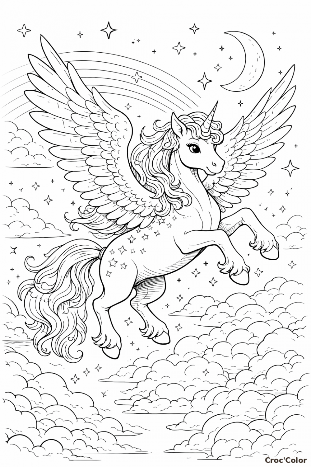 Coloriage Licorne Ailée Pégase dans les Nuages - Dessin Féerique à Imprimer