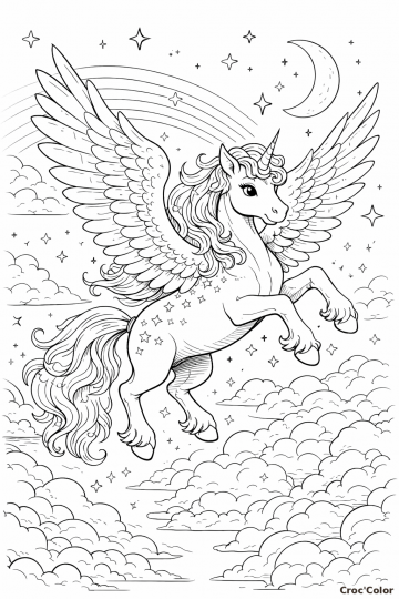 Coloriage Licorne Ailée Pégase dans les Nuages - Dessin Féerique à Imprimer