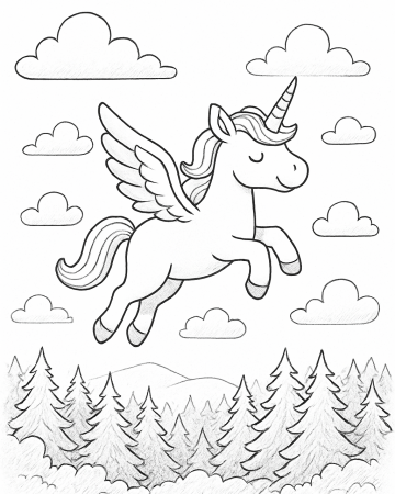 Coloriage Licorne Ailée Pégase au-dessus de la Forêt - Dessin à Imprimer