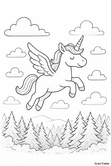Coloriage Licorne Ailée Pégase au-dessus de la Forêt - Dessin à Imprimer