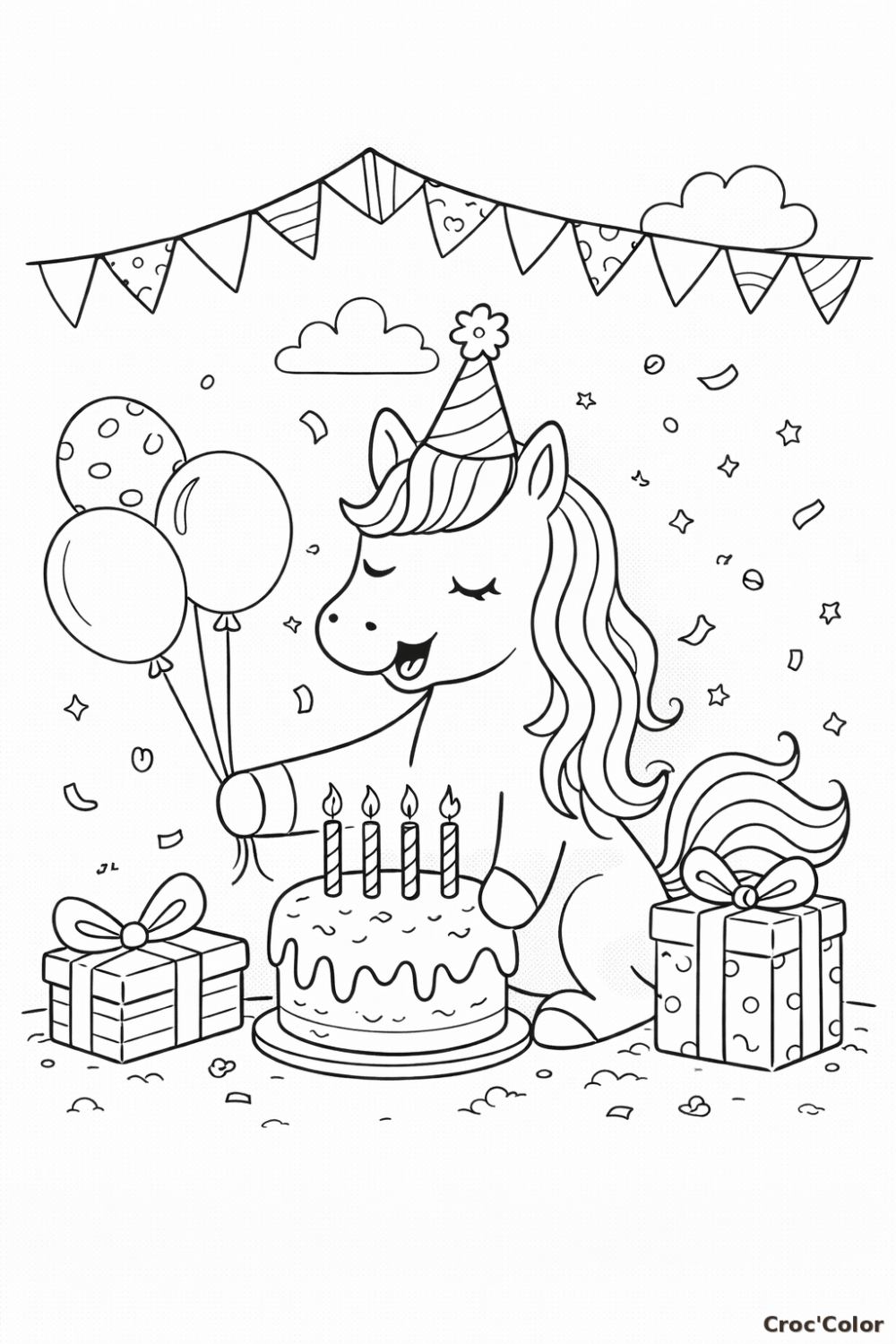 Coloriage Licorne Anniversaire Facile - Dessin Gâteau et Ballons Maternelle à Imprimer Gratuit