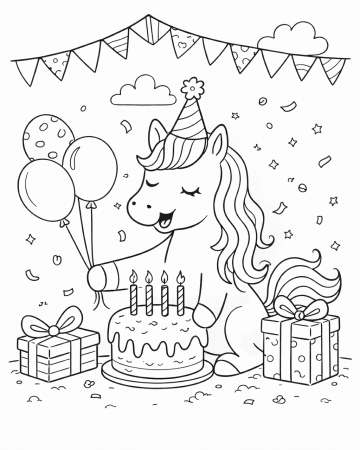 Coloriage Licorne Anniversaire Facile - Dessin Gâteau et Ballons Maternelle à Imprimer Gratuit