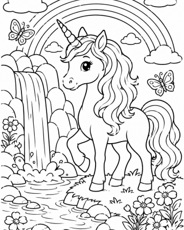 Coloriage Licorne et Arc-en-Ciel Facile - Dessin Cascade Magique à Imprimer