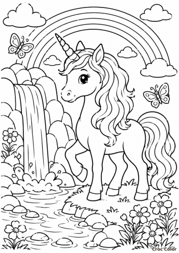 Coloriage Licorne et Arc-en-Ciel Facile - Dessin Cascade Magique à Imprimer