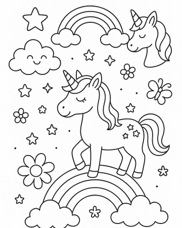 Coloriage Licorne Magique sur un Arc-en-ciel - Dessin Féerique à Imprimer