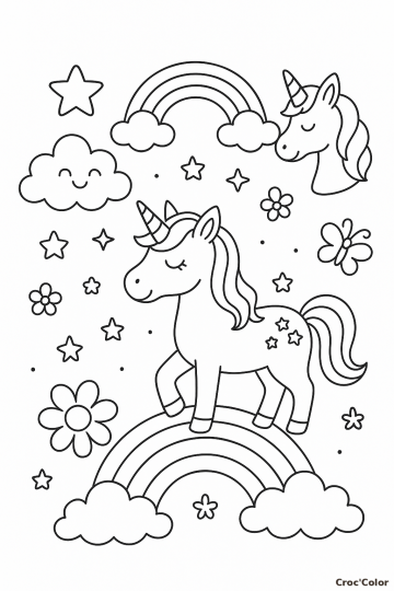 Coloriage Licorne Magique sur un Arc-en-ciel - Dessin Féerique à Imprimer