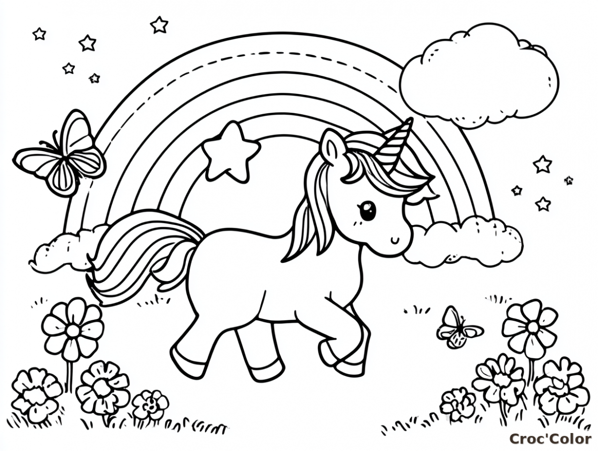 Coloriage Licorne Arc-en-Ciel Facile - Dessin Licorne Maternelle dans une Prairie à Imprimer Gratuit