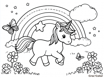 Coloriage Licorne Arc-en-Ciel Facile - Dessin Licorne Maternelle dans une Prairie à Imprimer Gratuit