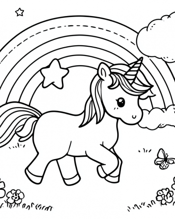 Coloriage Licorne Arc-en-Ciel Facile - Dessin Licorne Maternelle dans une Prairie à Imprimer Gratuit