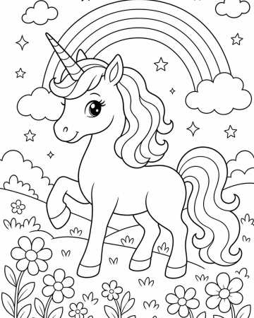 Coloriage Licorne Magique avec Arc-en-ciel et Fleurs - Dessin Féerique à Imprimer