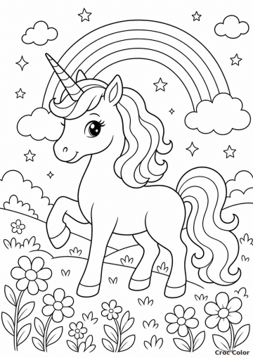 Coloriage Licorne Magique avec Arc-en-ciel et Fleurs - Dessin Féerique à Imprimer