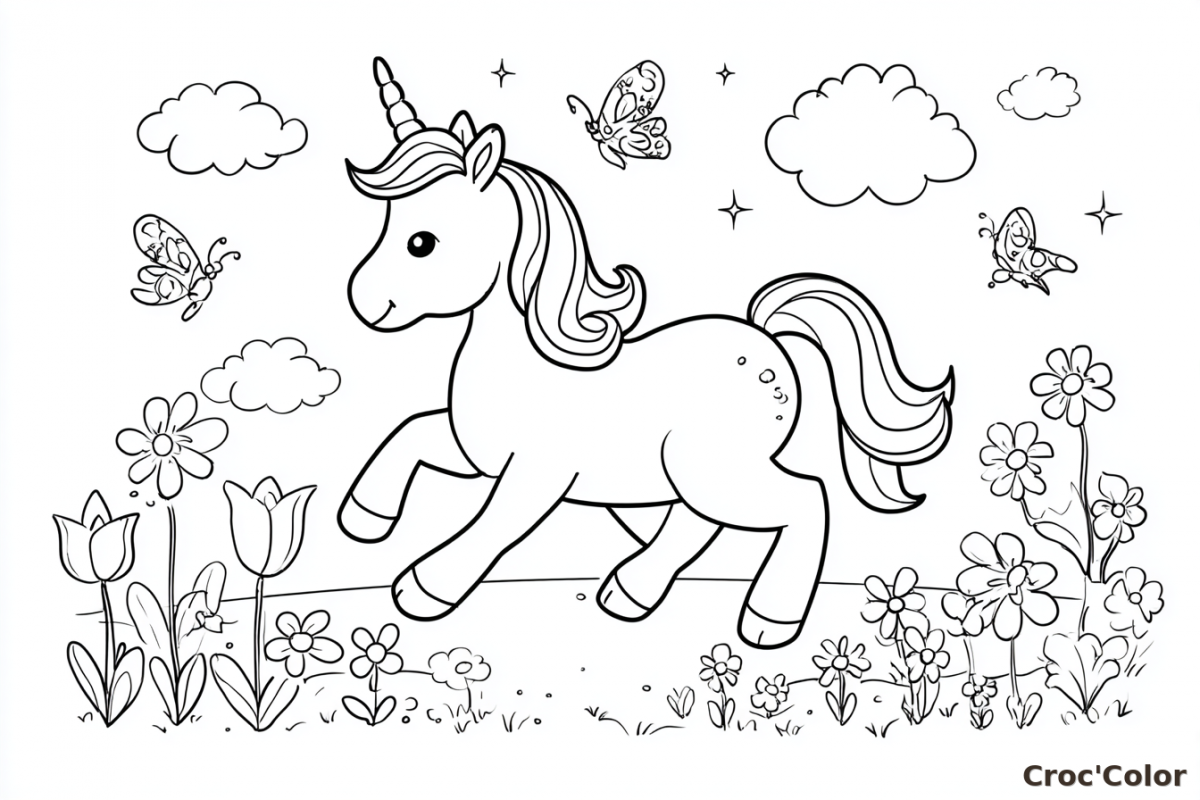 Coloriage Licorne dans un Champ de Fleurs Maternelle - Dessin Licorne Facile et Papillons à Imprimer Gratuit
