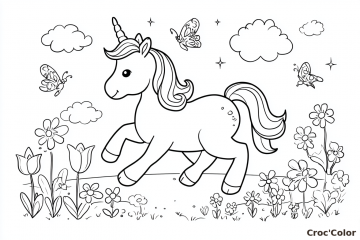 Coloriage Licorne dans un Champ de Fleurs Maternelle - Dessin Licorne Facile et Papillons à Imprimer Gratuit